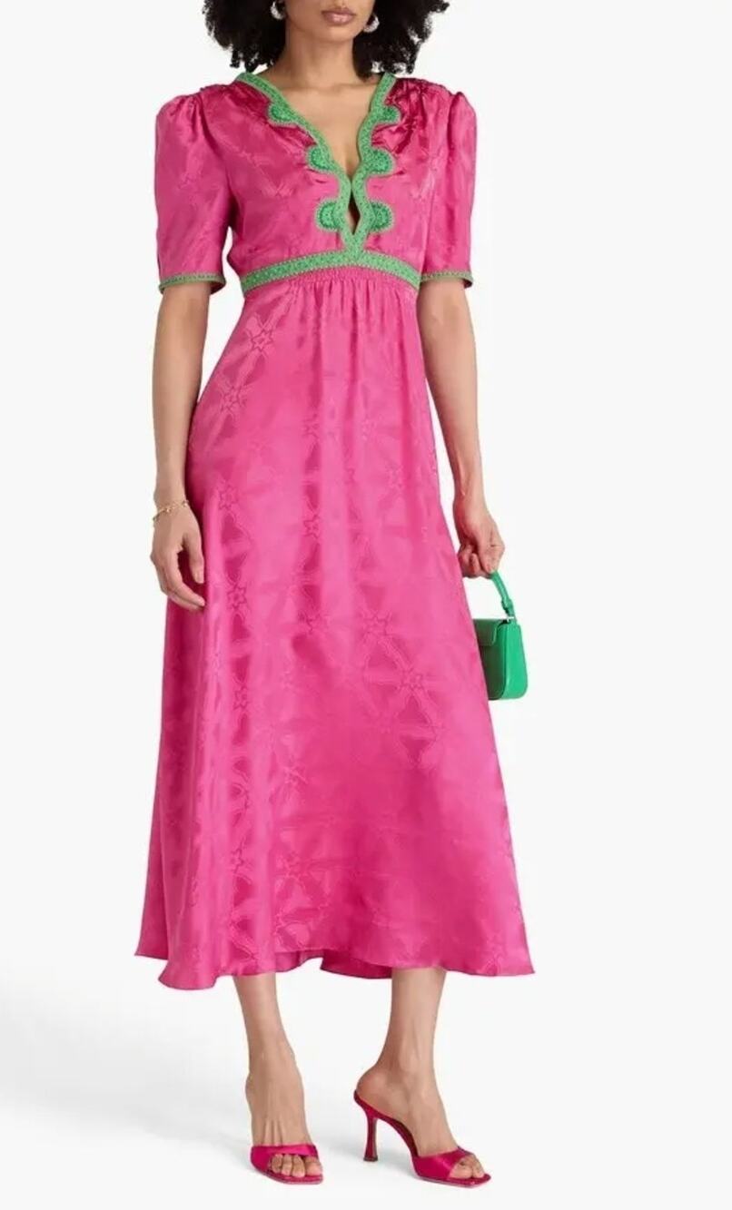 NWT SALONI Tabitha Silk Honeysuckle Pink Green Embroidery Jacquard Maxi Dress 14
